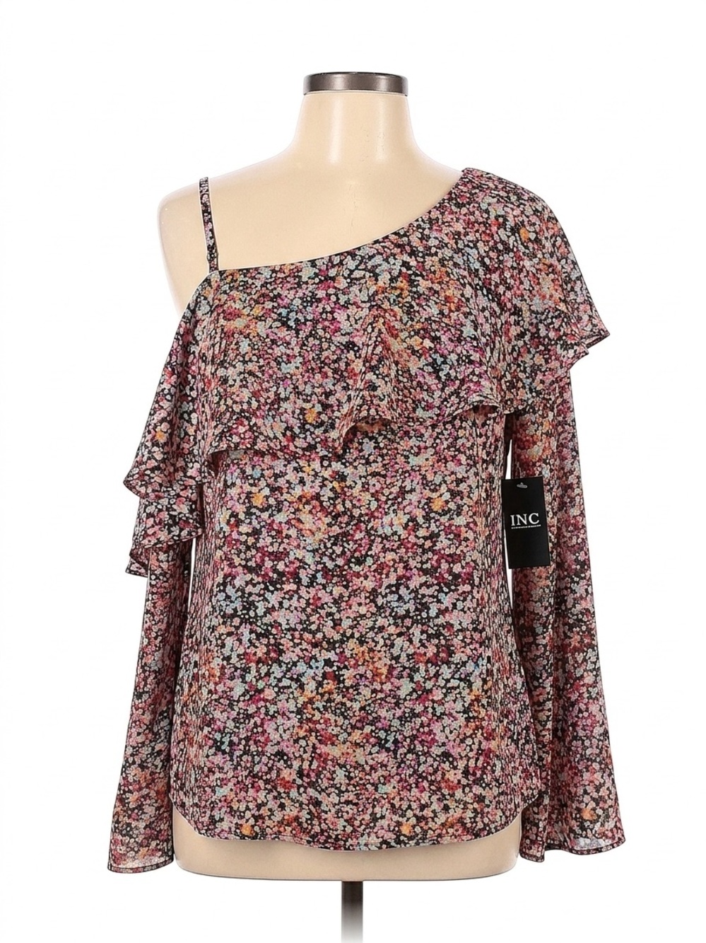INC International Concepts Pink Floral One-Shoulder‎ Ruffle Blouse, Size M